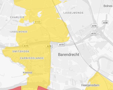 Netcongestiekaart teruglevering Barendrecht — gele zone geeft beperkte situatie aan